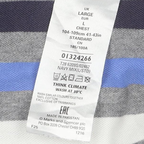 Marks and Spencer Men's Multicoloured Striped Cotton Polo Shirt L