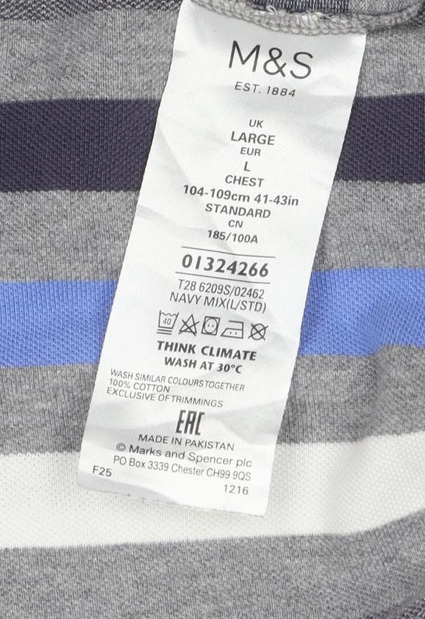 Marks and Spencer Men's Multicoloured Striped Cotton Polo Shirt L