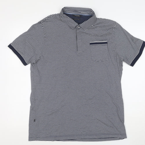 Marks and Spencer Autograph Men's Blue Striped Cotton Polo Shirt L