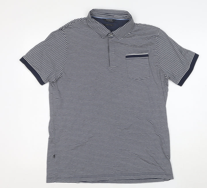 Marks and Spencer Autograph Men's Blue Striped Cotton Polo Shirt L