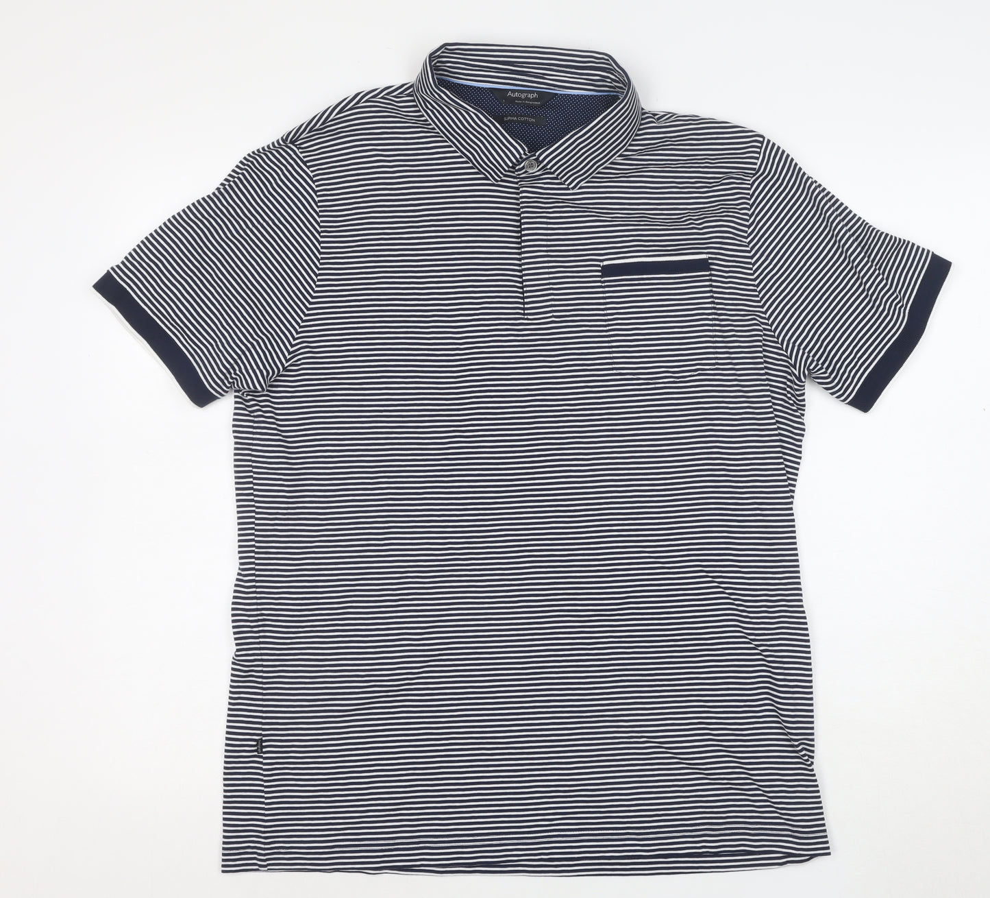 Marks and Spencer Autograph Men's Blue Striped Cotton Polo Shirt L