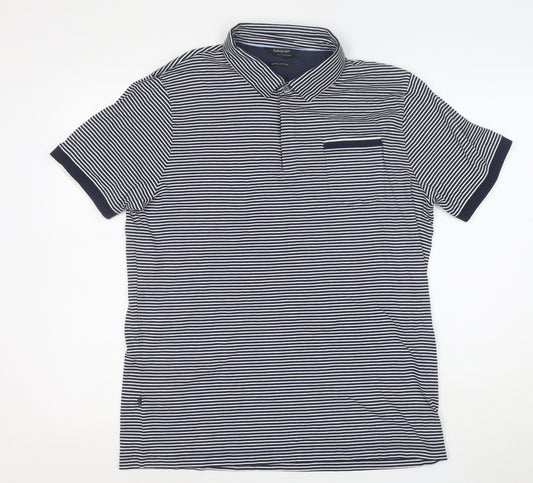 Marks and Spencer Autograph Men's Blue Striped Cotton Polo Shirt L