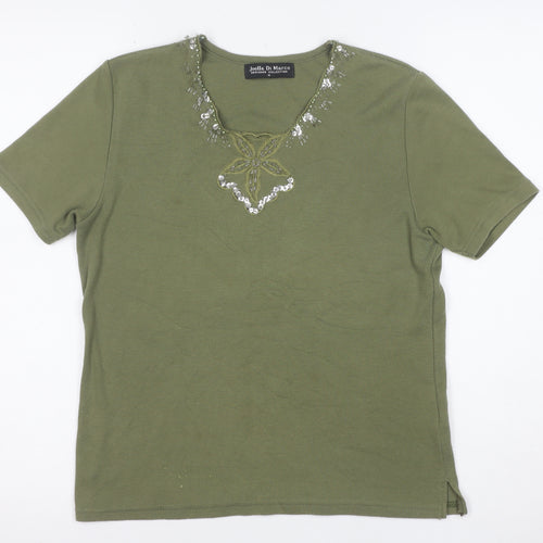 Joella Di Marco Women's Green Beaded V-Neck Short Sleeve T-Shirt size M