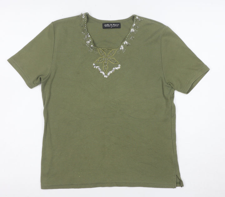 Joella Di Marco Women's Green Beaded V-Neck Short Sleeve T-Shirt size M