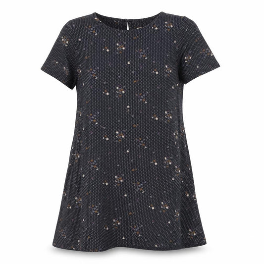 Front view of FatFace women’s blue floral short sleeve a-line dress, size UK 10