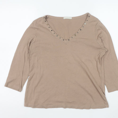 Marks and Spencer Women Beige 3/4 Sleeve Studded V-Neck Cotton Top Size 18