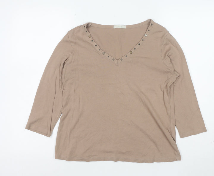 Marks and Spencer Women Beige 3/4 Sleeve Studded V-Neck Cotton Top Size 18