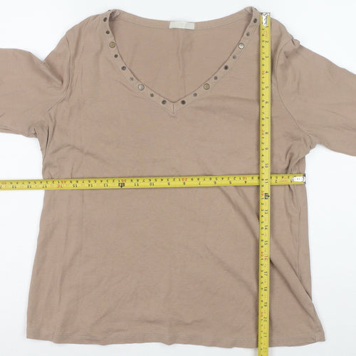 Marks and Spencer Women Beige 3/4 Sleeve Studded V-Neck Cotton Top Size 18