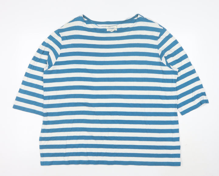 Seasalt Women Blue White Striped 3/4 Sleeve Boat Neck Organic Cotton Top Size 18