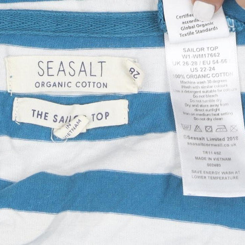 Seasalt Women Blue White Striped 3/4 Sleeve Boat Neck Organic Cotton Top Size 18