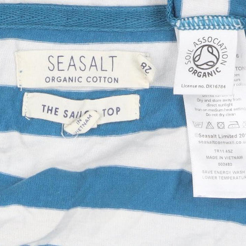 Seasalt Women Blue White Striped 3/4 Sleeve Boat Neck Organic Cotton Top Size 18