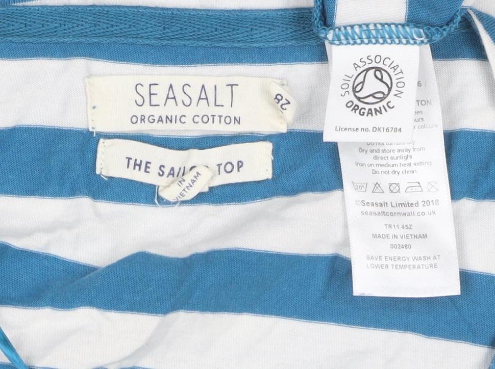 Seasalt Women Blue White Striped 3/4 Sleeve Boat Neck Organic Cotton Top Size 18