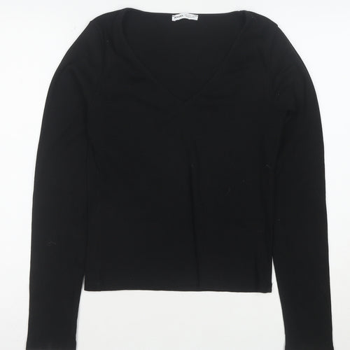 Bershka Women’s Black V-Neck Long Sleeve Slim Cotton Top L