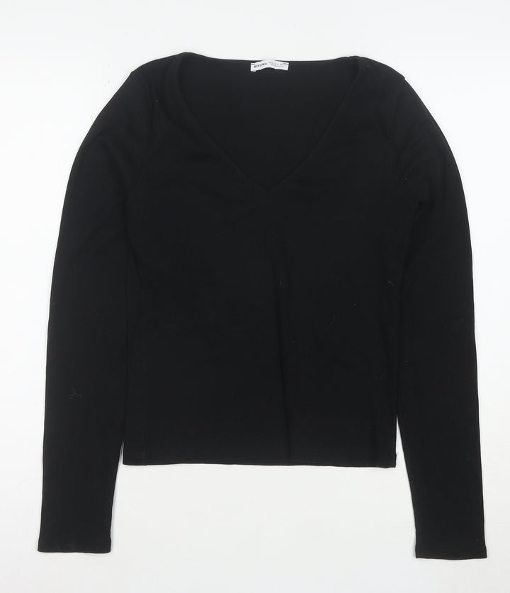Bershka Women’s Black V-Neck Long Sleeve Slim Cotton Top L