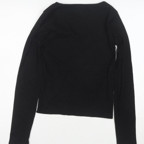 Bershka Women’s Black V-Neck Long Sleeve Slim Cotton Top L