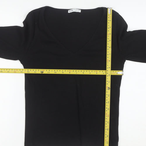 Bershka Women’s Black V-Neck Long Sleeve Slim Cotton Top L