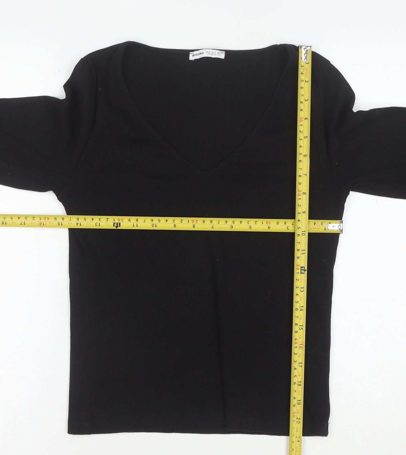 Bershka Women’s Black V-Neck Long Sleeve Slim Cotton Top L