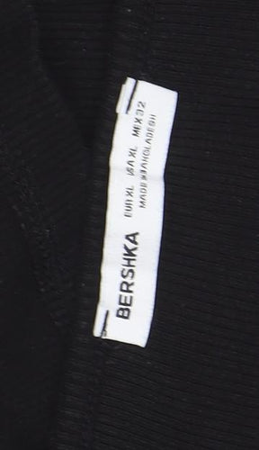 Bershka Women’s Black V-Neck Long Sleeve Slim Cotton Top L
