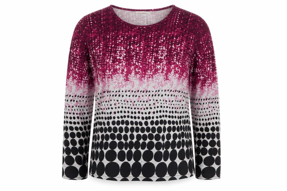 Front view of Bassini women’s multicoloured polka dot long sleeve top, size M