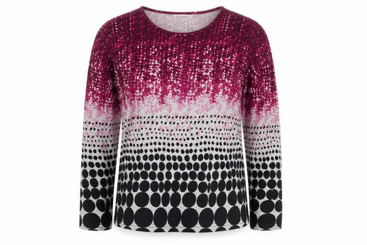 Front view of Bassini women’s multicoloured polka dot long sleeve top, size M