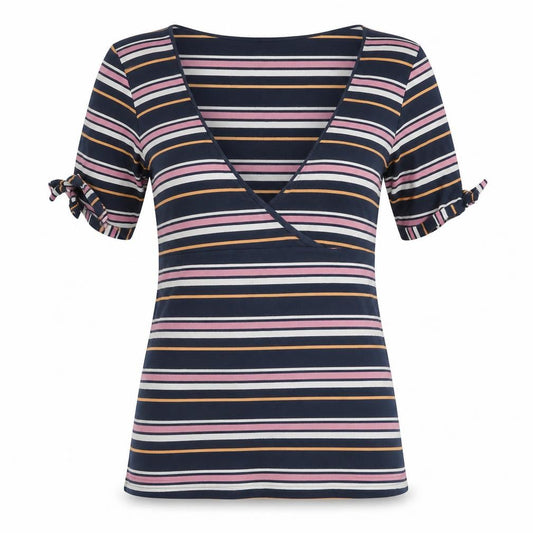 Front view of ml Women's Multicoloured Striped Wrap Jersey V-Neck T-Shirt, size S