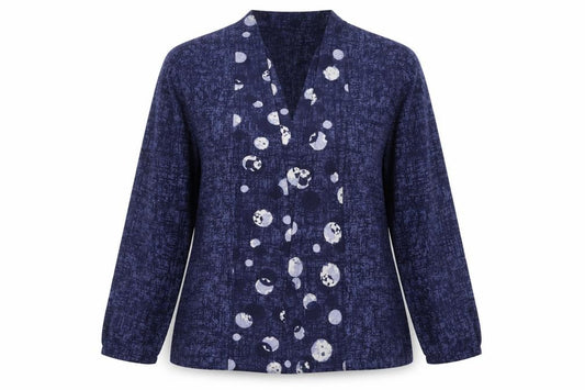 Front view of Honor Millburn Women's Blue Geometric Long Sleeve Tunic Blouse, size 14