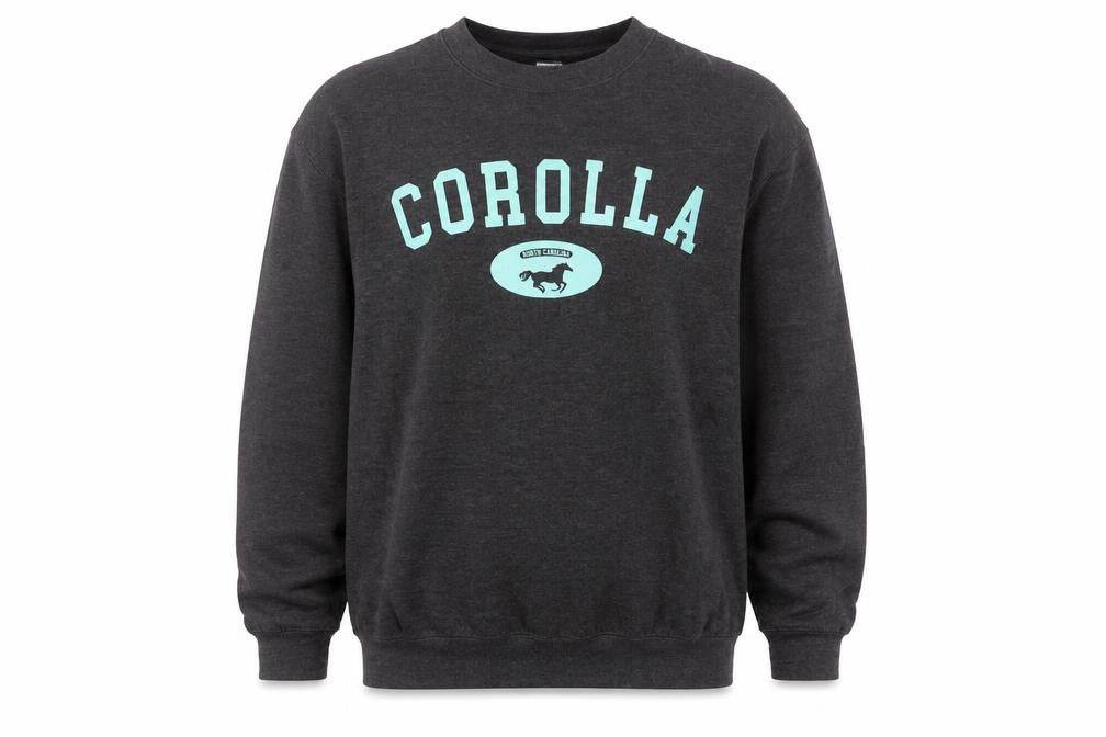 Front view of Outer Banks Authentic men’s grey graphic pullover sweatshirt, size M