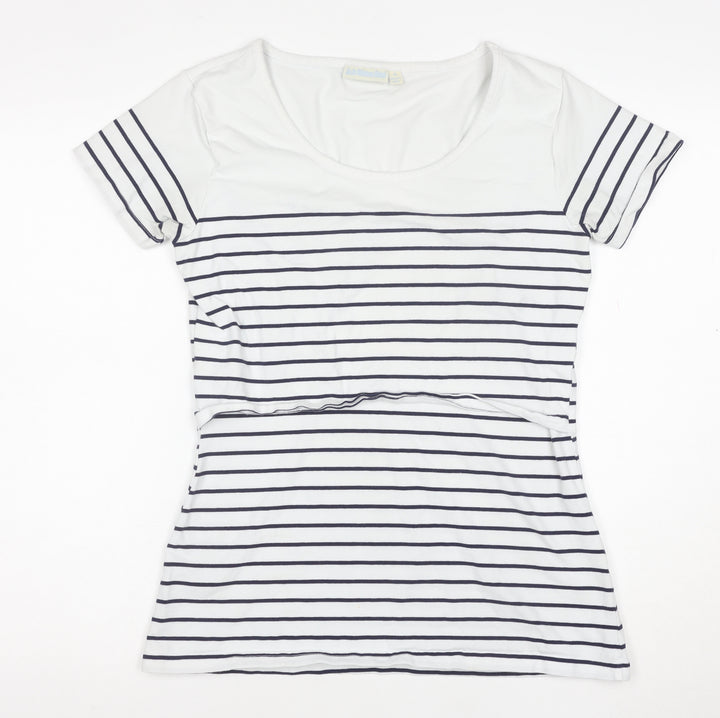 JoJo Maman Bébé Women's White Striped Cotton Jersey T-Shirt M