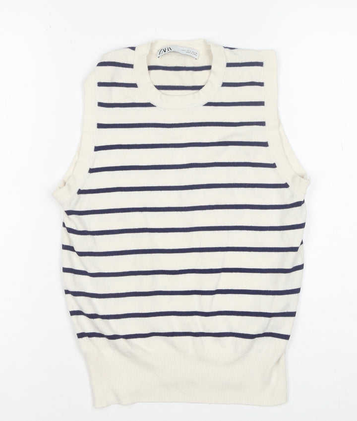 Zara Women Ivory Striped Knit Sleeveless Tank Top Size 8