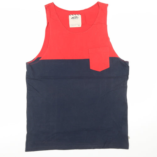 Vans Men's Red and Navy Sleeveless Cotton T-Shirt Size L