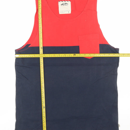 Vans Men's Red and Navy Sleeveless Cotton T-Shirt Size L