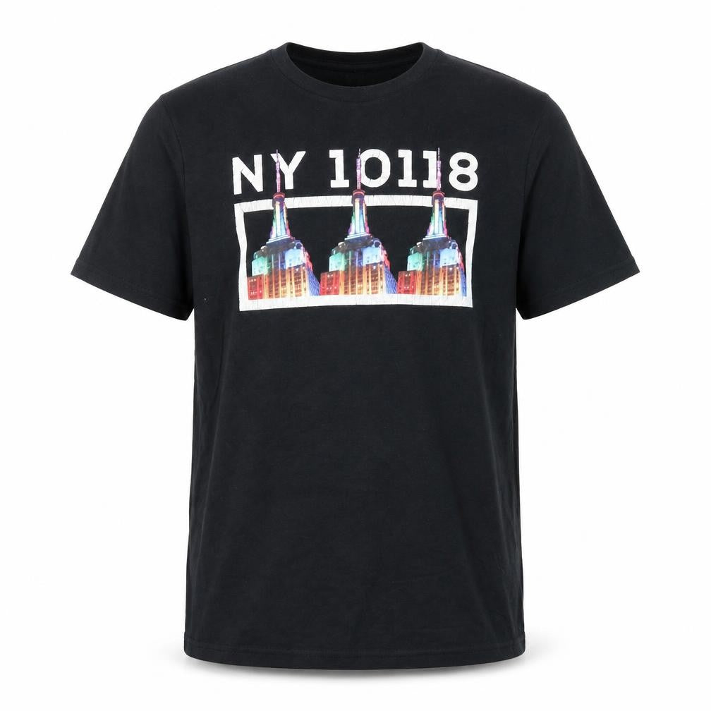Front view of White Threads Men's Black NY Graphic City T-Shirt, size M
