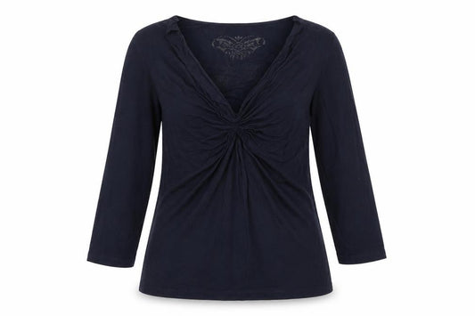 Front view of Olsen Women Blue, size 10, Viscose 3/4 Sleeve V-Neck Blouse