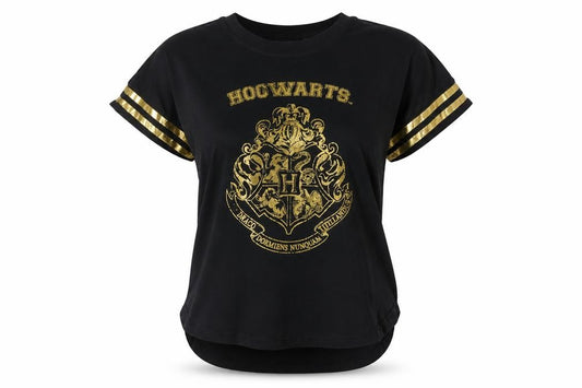 Front view of Harry Potter Women's Black Hogwarts Crest Cotton T-Shirt, size L