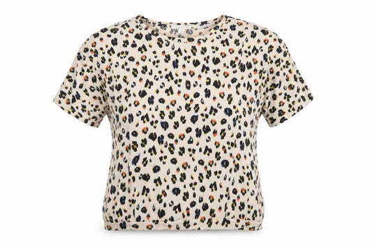 Front view of Trenery Women’s Beige Leopard Print Relaxed Cotton T-Shirt, size S