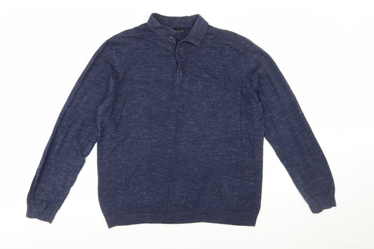 Marks and Spencer Men's Blue Cotton Henley Jumper Size L