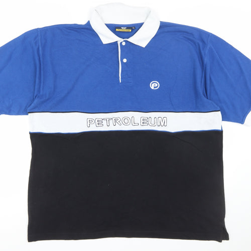 Petroleum Mens Blue Colourblock Polo Shirt XL Cotton Blend