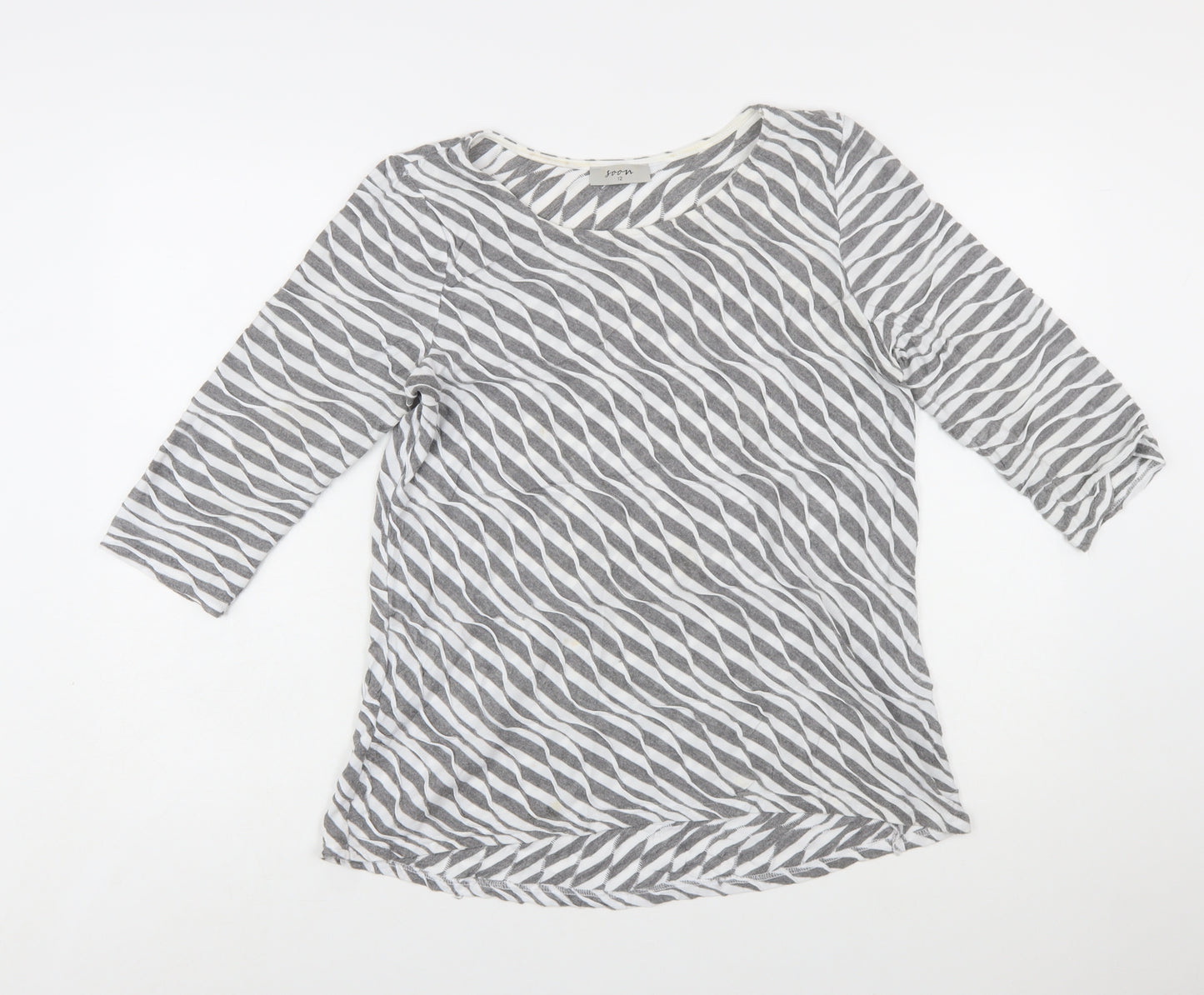 Soon Women's Grey Striped 3/4 Sleeve Cotton T-Shirt Size 12