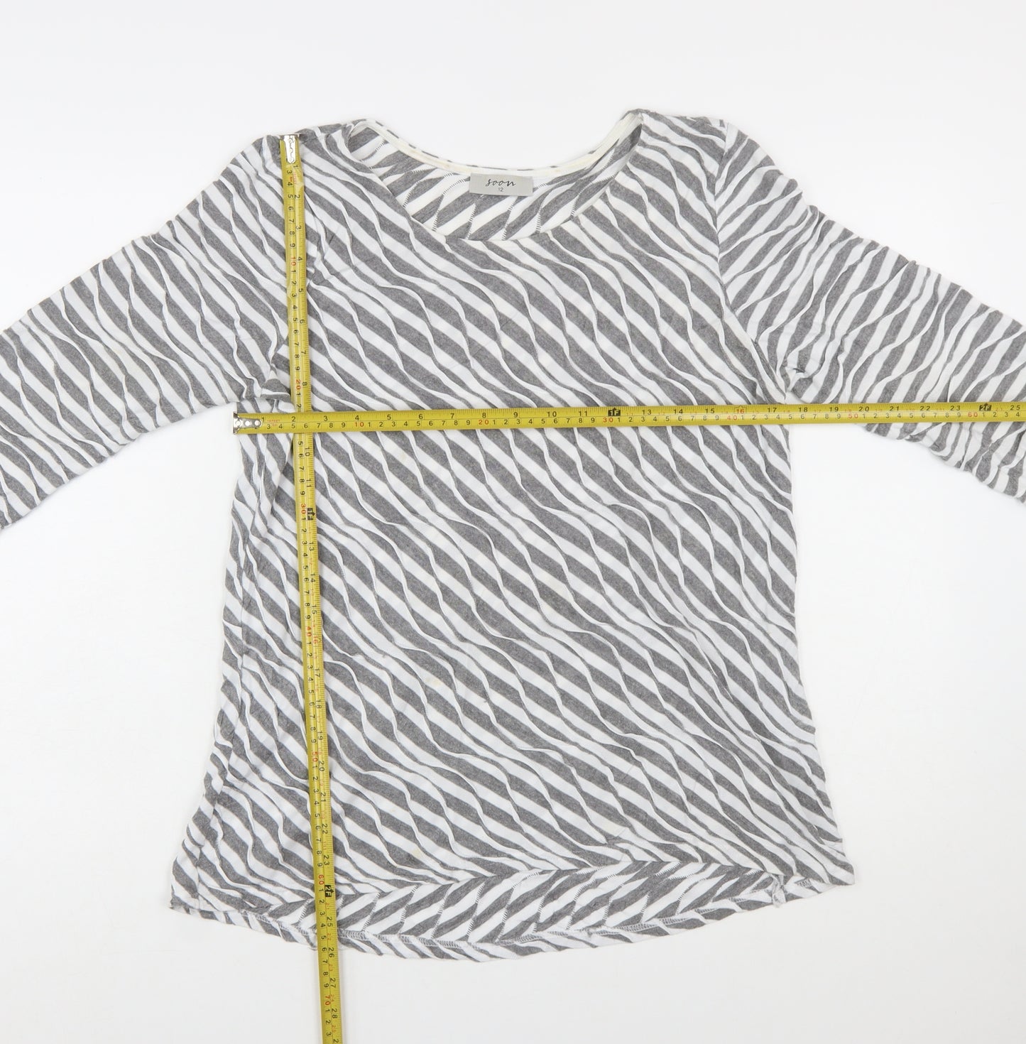 Soon Women's Grey Striped 3/4 Sleeve Cotton T-Shirt Size 12