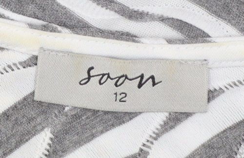 Soon Women's Grey Striped 3/4 Sleeve Cotton T-Shirt Size 12