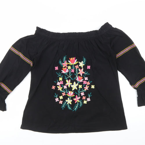 Dorothy Perkins Women's Black Floral Embroidered Off Shoulder Blouse UK 12