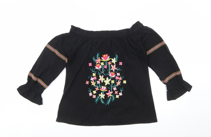 Dorothy Perkins Women's Black Floral Embroidered Off Shoulder Blouse UK 12