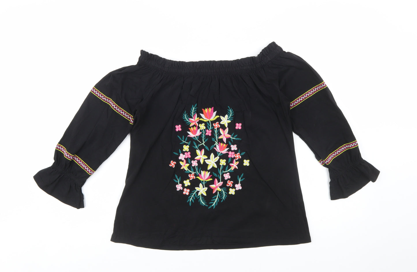 Dorothy Perkins Women's Black Floral Embroidered Off Shoulder Blouse UK 12