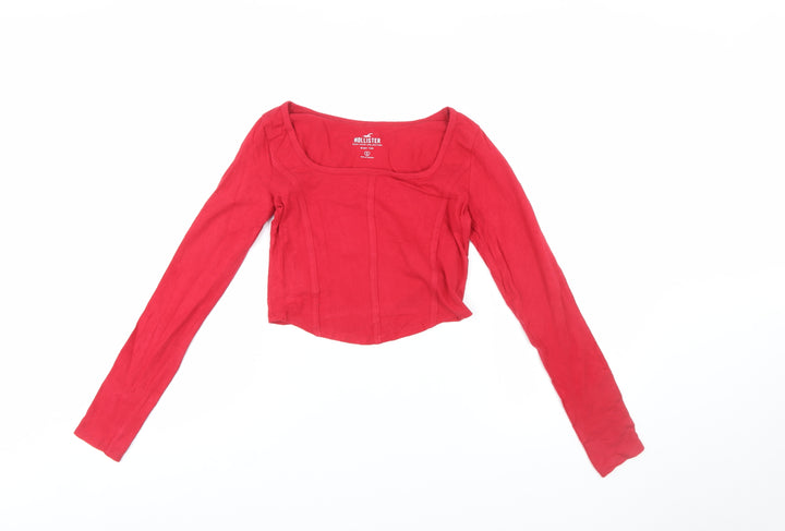 Hollister Women's Red Cropped Long Sleeve Slim Fit Baby Tee Top Size S