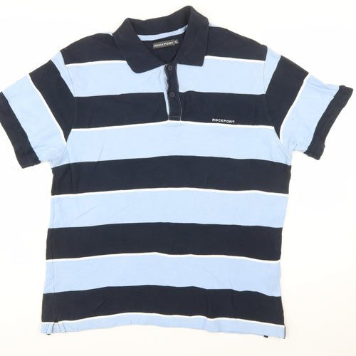 Rockport Men Blue Striped Cotton Polo Shirt Size XL