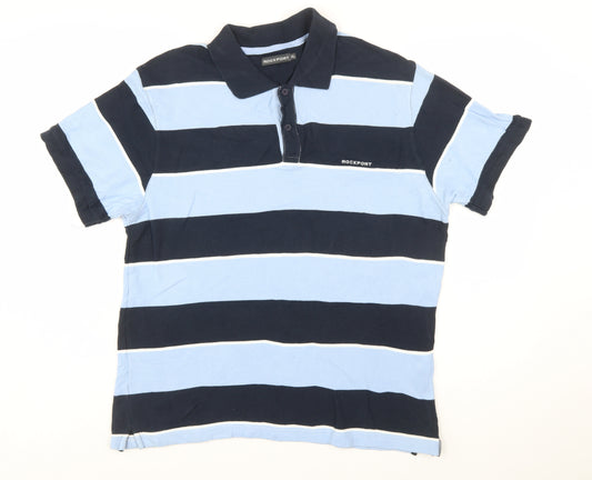 Rockport Men Blue Striped Cotton Polo Shirt Size XL