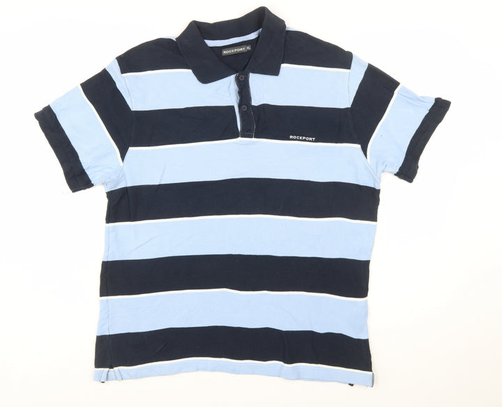 Rockport Men Blue Striped Cotton Polo Shirt Size XL