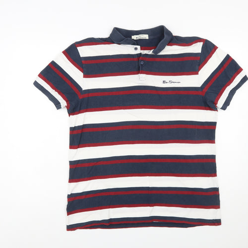 Ben Sherman Men's Navy Striped Cotton Polo Shirt Size L