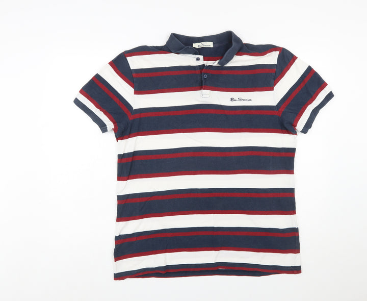 Ben Sherman Men's Navy Striped Cotton Polo Shirt Size L