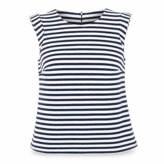 Front view of Dorothy Perkins Women Blue Striped Sleeveless Blouse, size 12